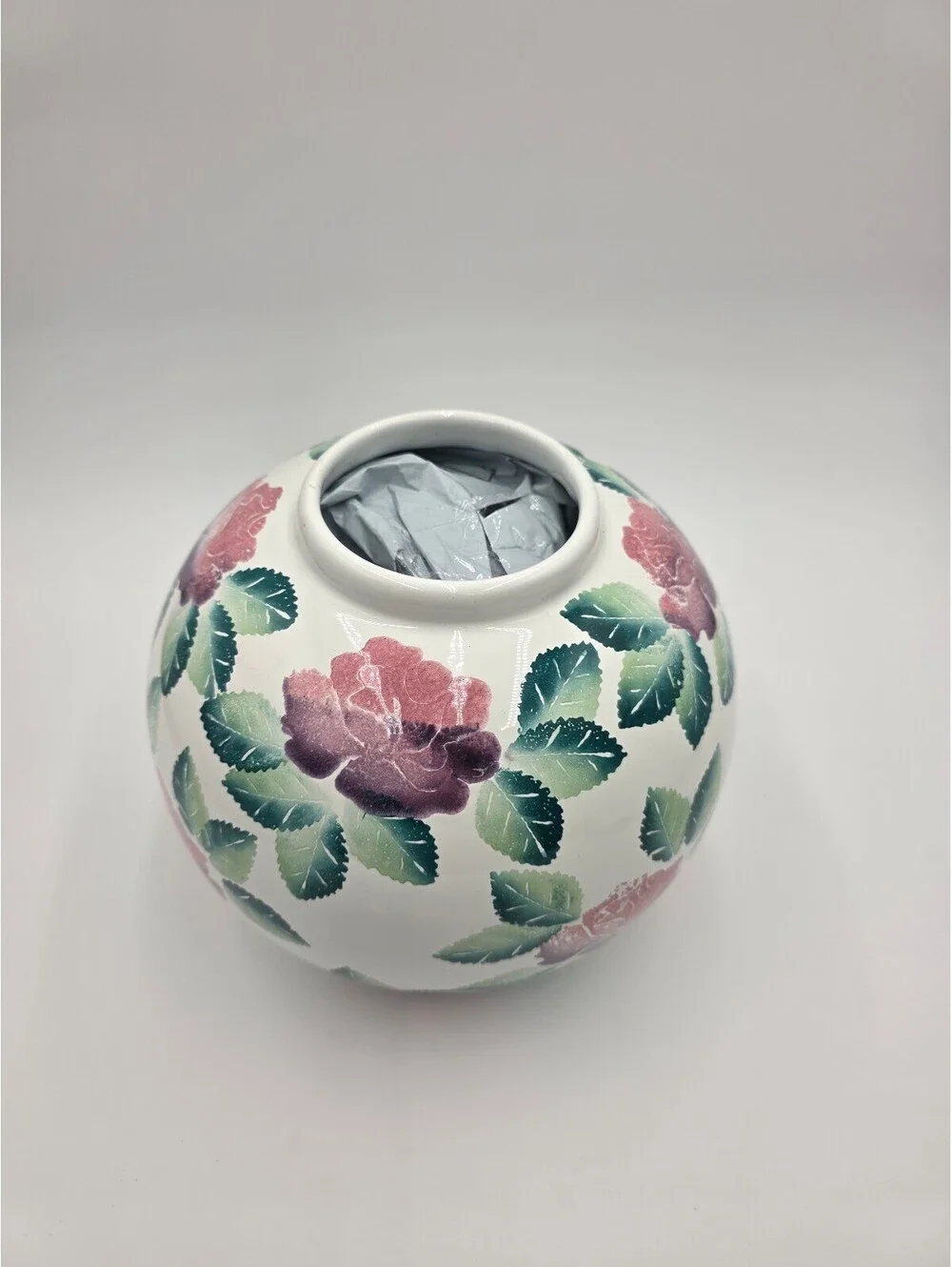 Round Ceramic Vase with Pink Rose and Green Leaf Pattern